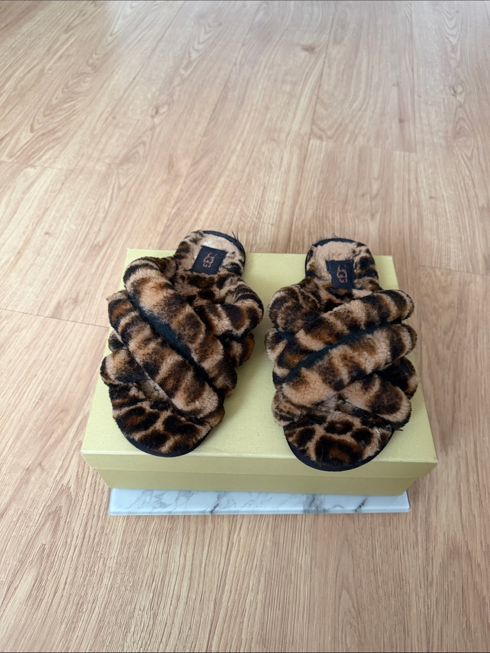 UGG Leopard Print Faux Fur Slide Slippers in Brown and Black
